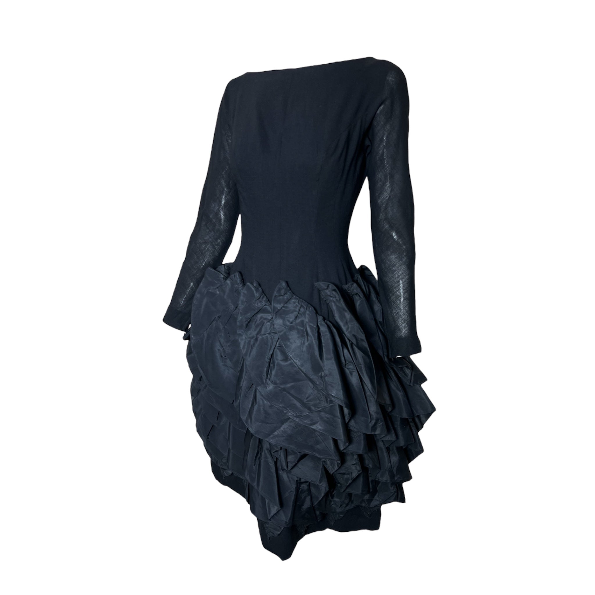 Marsis 1959 Black Crepe Dress w/Diagonal Taffeta Ruffle Skirt , slight side