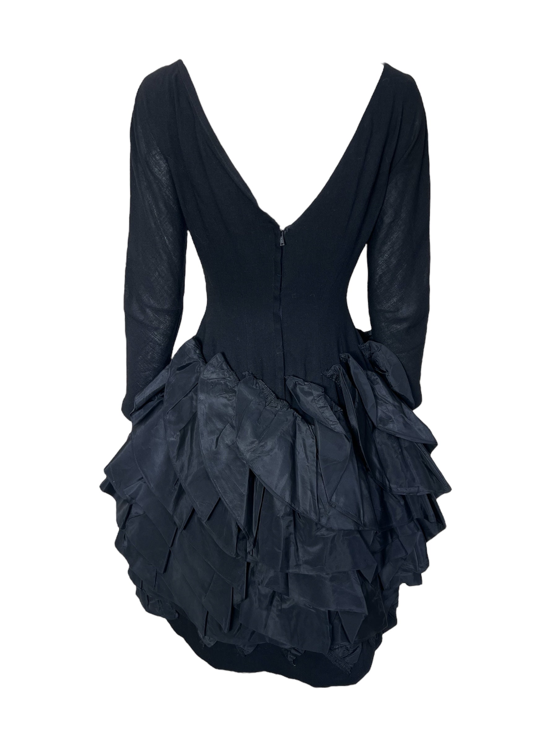 Marsis 1959 Black Crepe Dress w/Diagonal Taffeta Ruffle Skirt , back