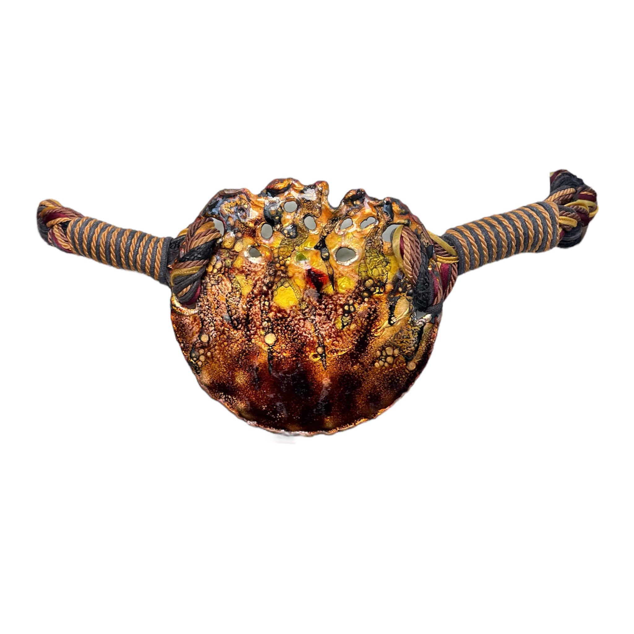 1980's Brutalist Enamel on Copper Art-To-Wear Pendant Belt on Braided Cord, center