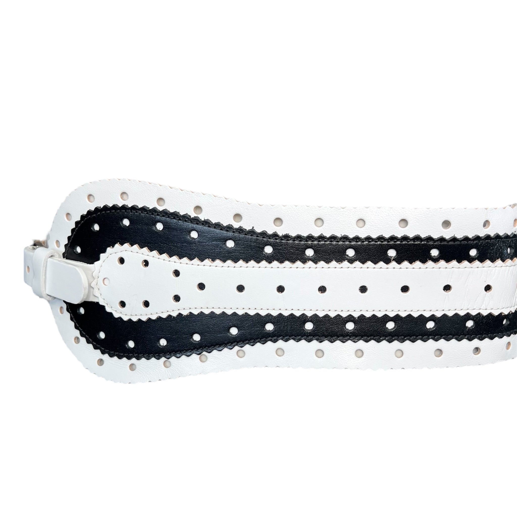 Oscar de la Renta 2000s Black and White Perforated and Serrated Wide Leather Corset Belt, end