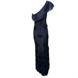 Black One Shoulder Gown with Diamond Beading and Flower Appliqué, back