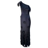 Black One Shoulder Gown with Diamond Beading and Flower Appliqué
