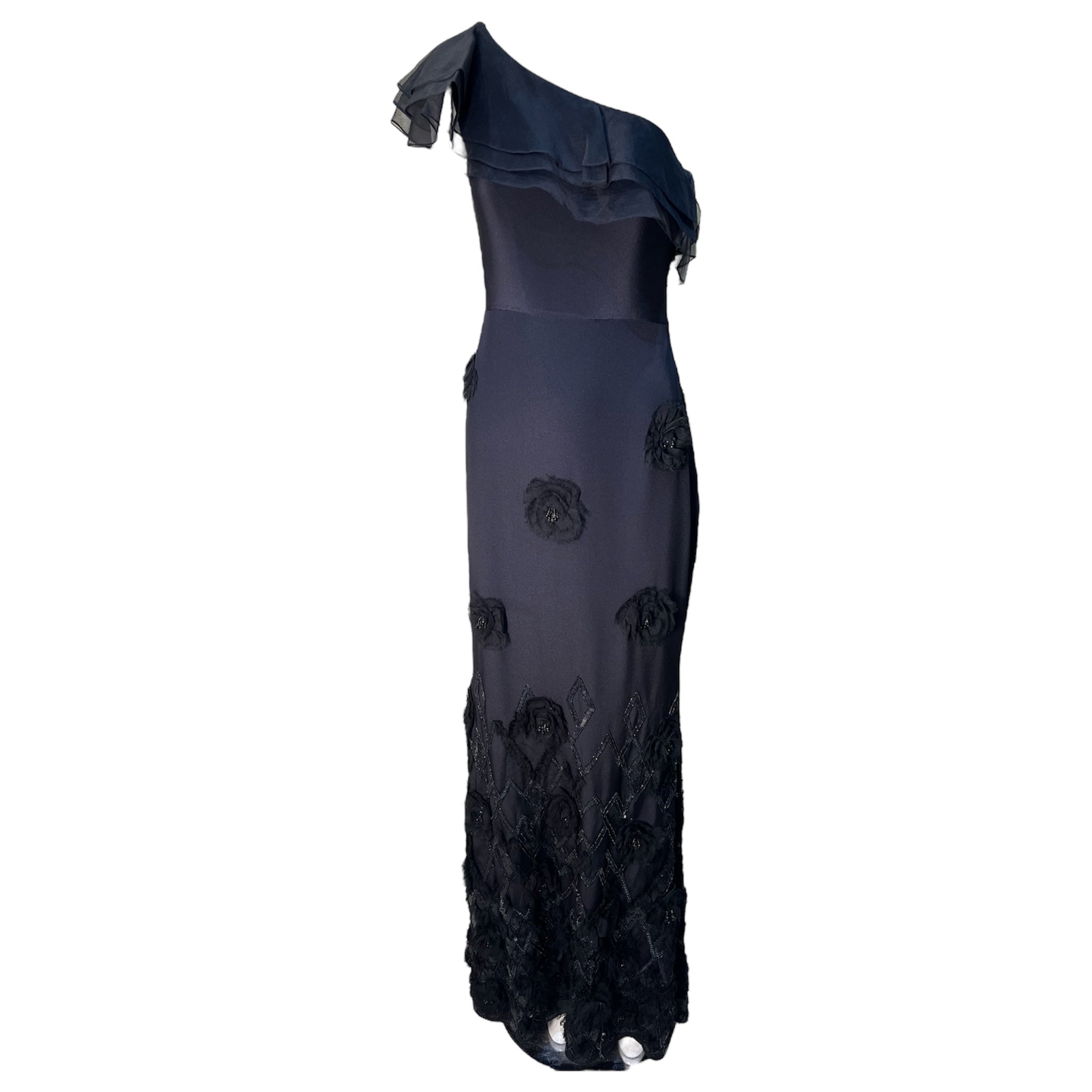 Black One Shoulder Gown with Diamond Beading and Flower Appliqué