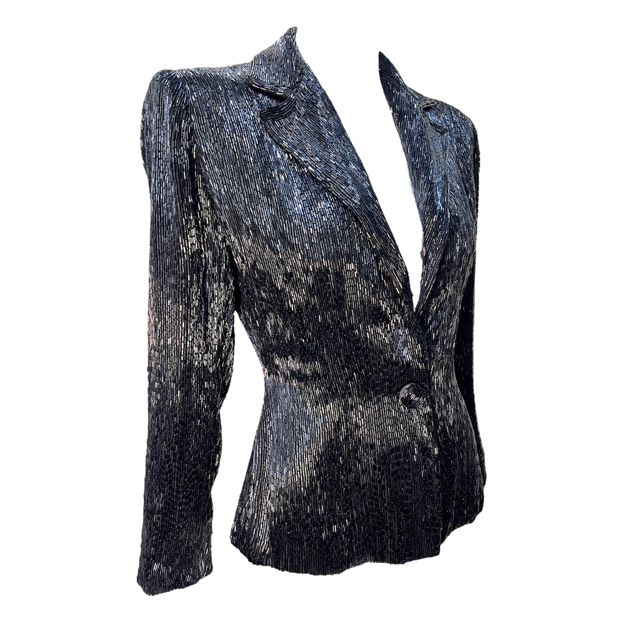 1940's Jet Black Bugle Solid Beaded Evening Blazer Jacket, side