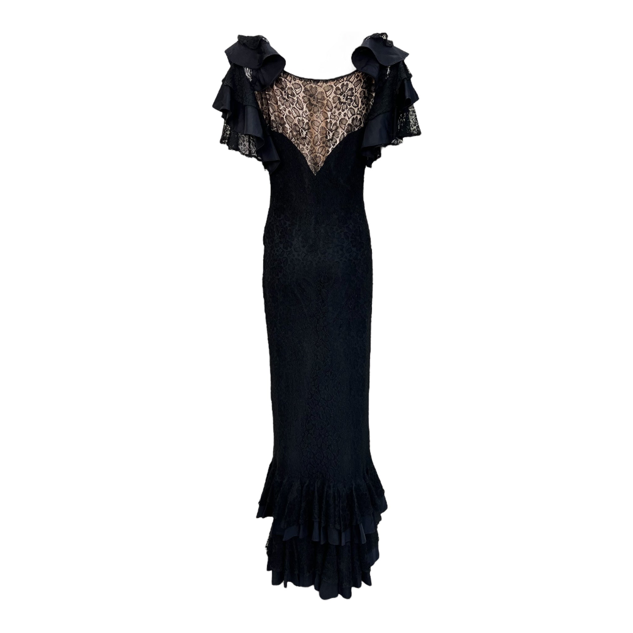 1930's Black Lace Dramatic Flutter Sleeve Mermaid Gown THE WAY WE WORE 1930's Black Lace Dramatic Flutter Sleeve Mermaid Gown THE WAY WE WORE