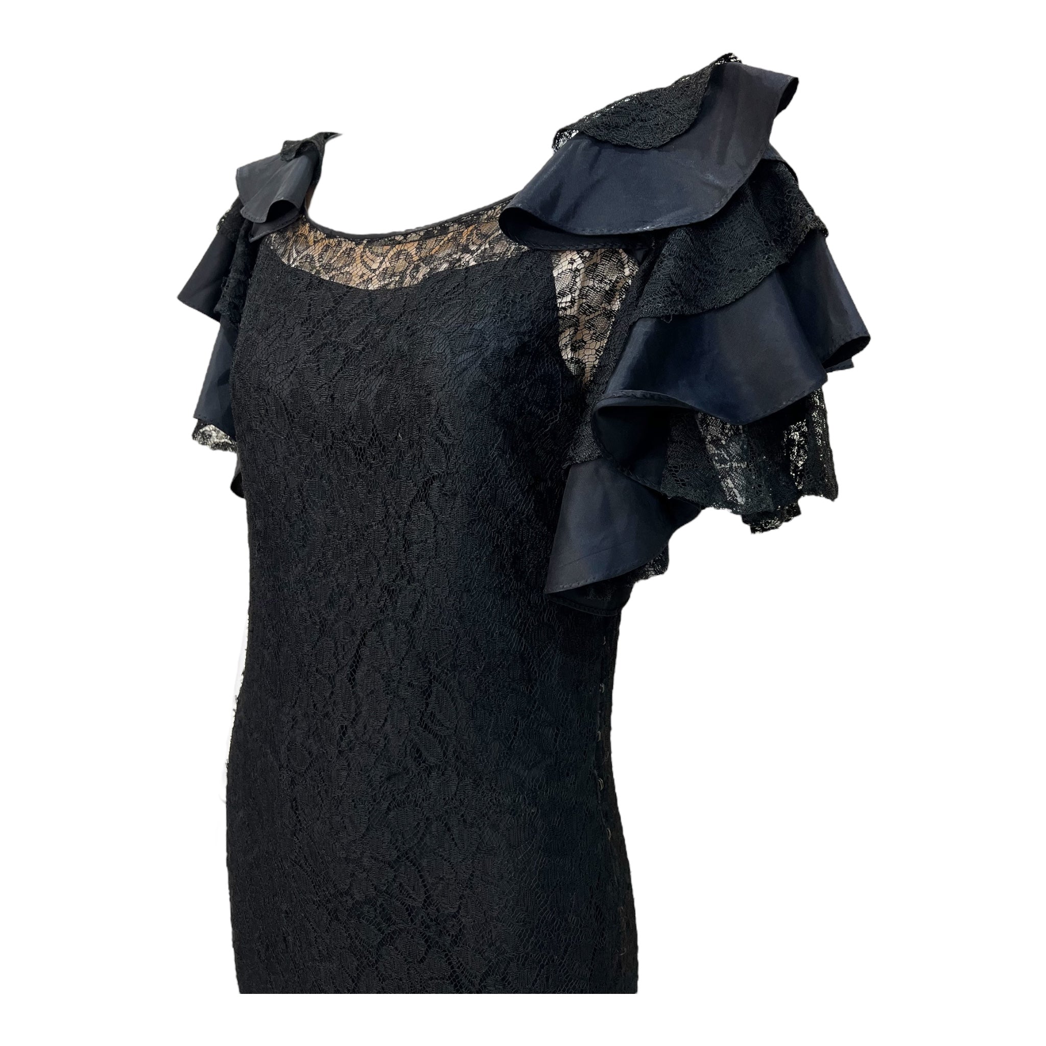 1930's Black Lace Dramatic Flutter Sleeve Mermaid Gown, bodice side