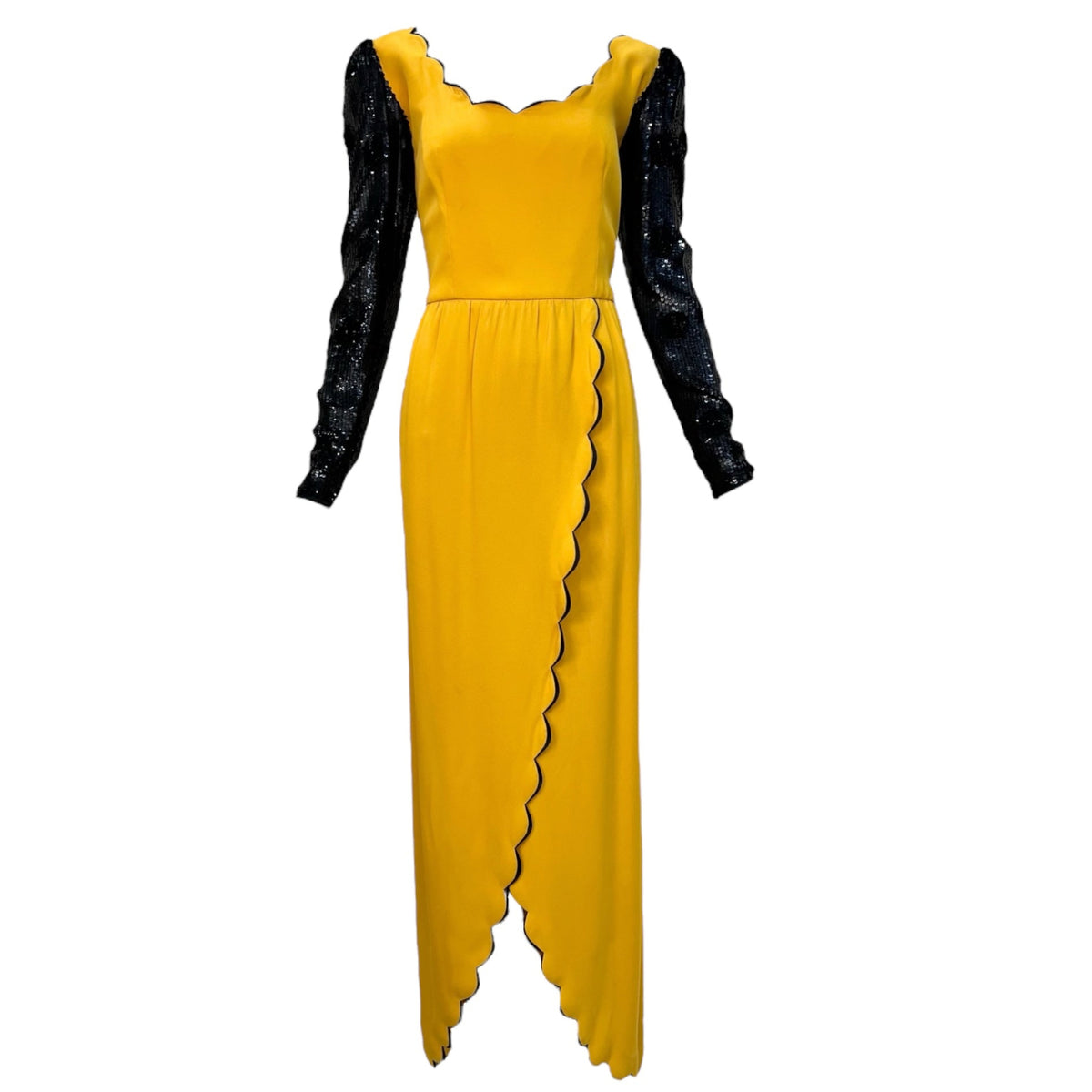 gold dress polyvore Valentino Couture 1980's Yellow Scalloped Silk & Black Sequin Gown – THE WAY WE WORE trend homecoming