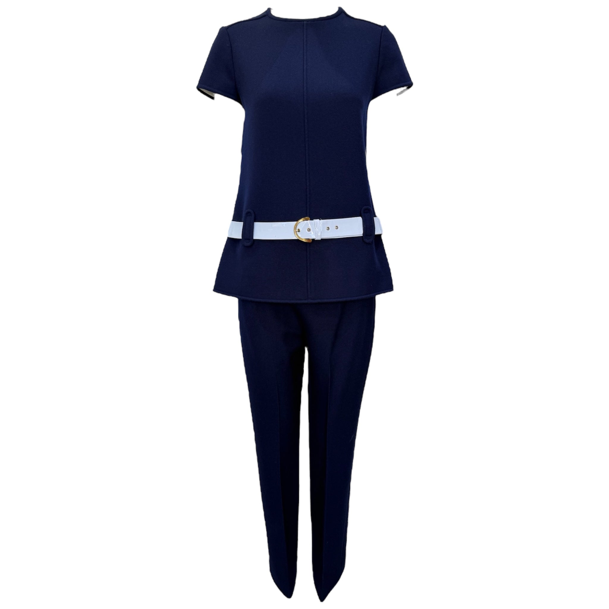 Courrèges 1960's Navy Blue Wool Pantsuit with Patent White Belt