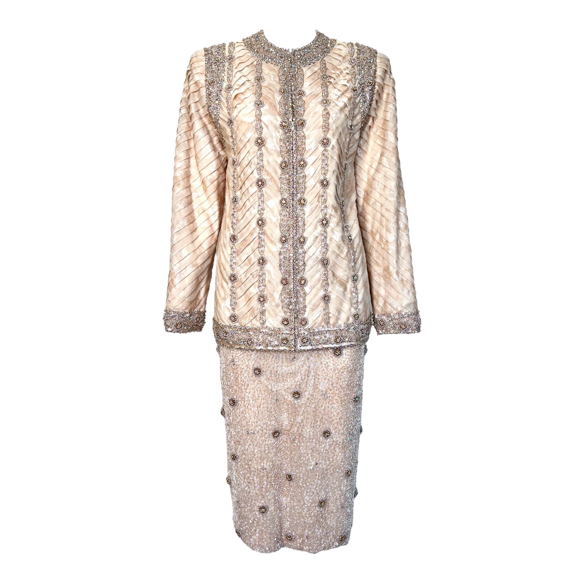 Galanos S/S 1984 Champagne Pleated Silk Jacquard Blouse and Beaded Skirt Ensemble