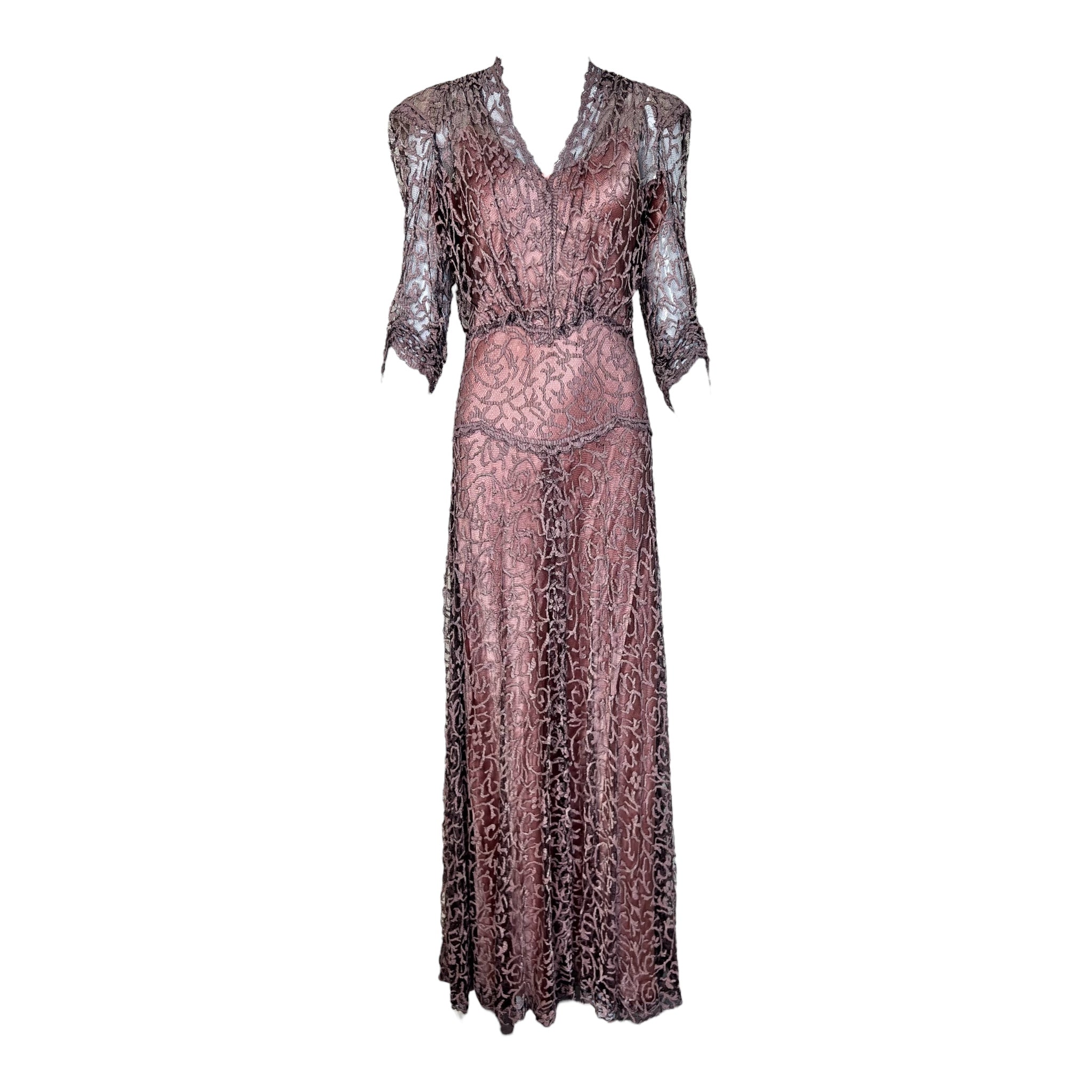1930's Mauve, Pink and Black Lace Gown w/Silk Slip