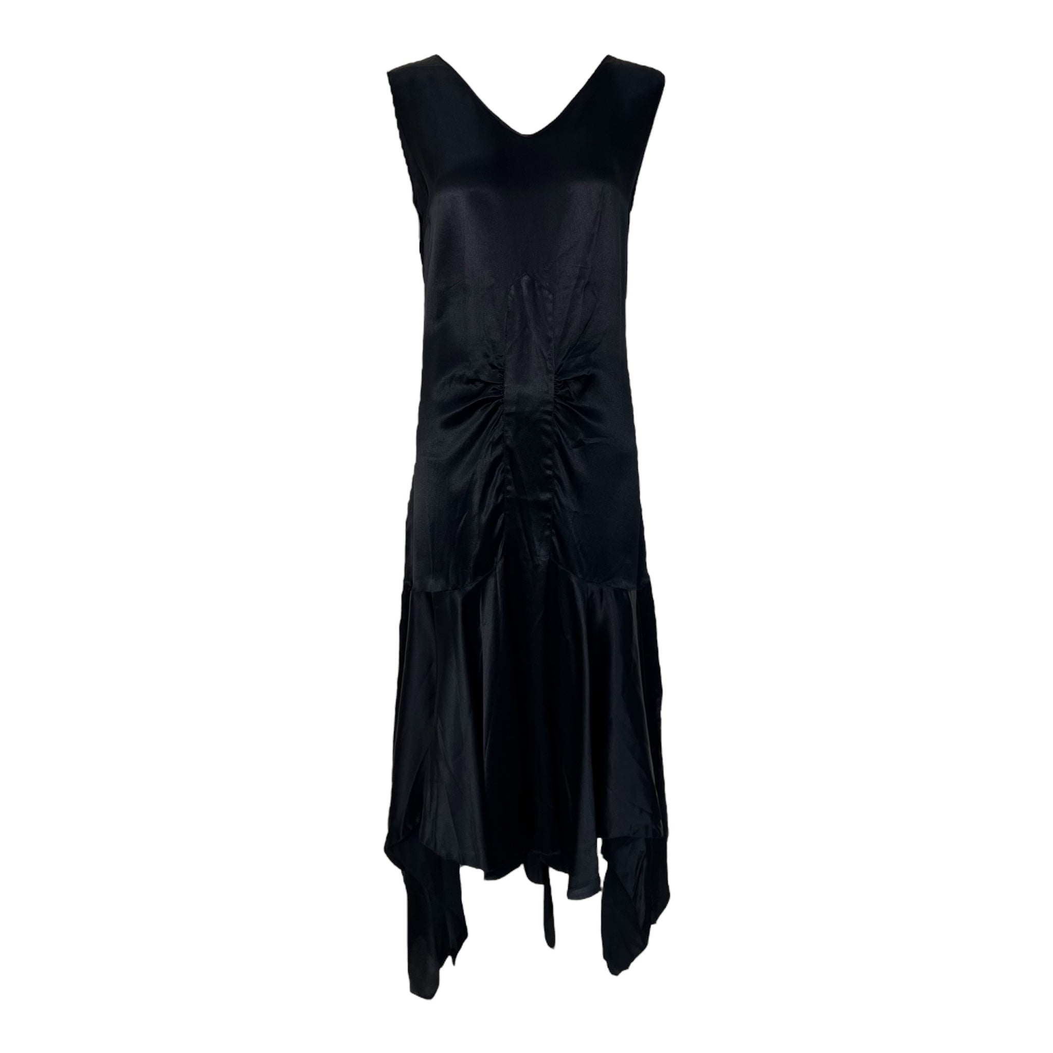 1920's Black Satin Bias Cut Asymmetrical Hem Flapper Evening Dress