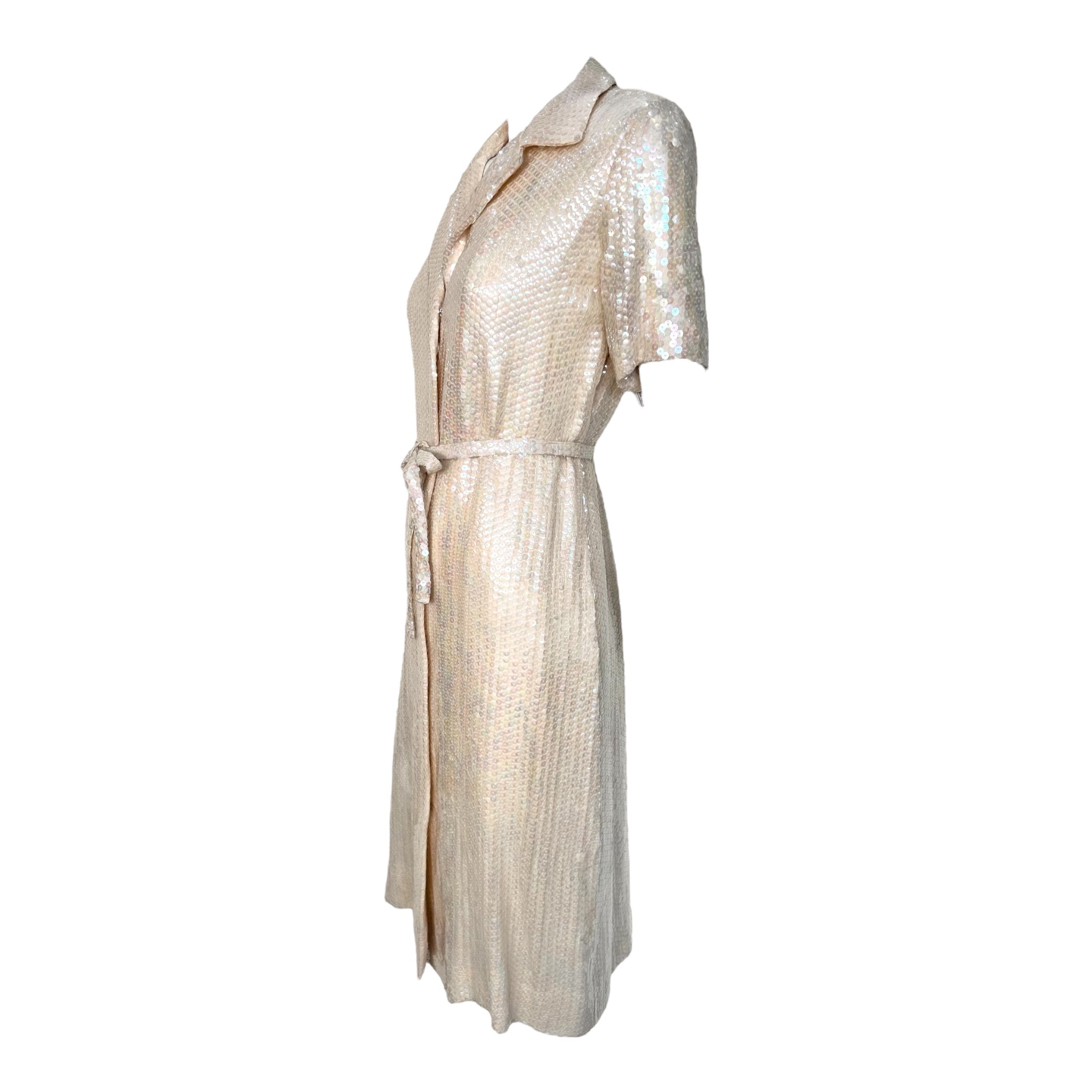 Halston 1974 Resort Cream Sequin Shirt Dress w/ Tie Belt Halston 1974 Resort Cream Sequin Shirt Dress w/ Tie Belt