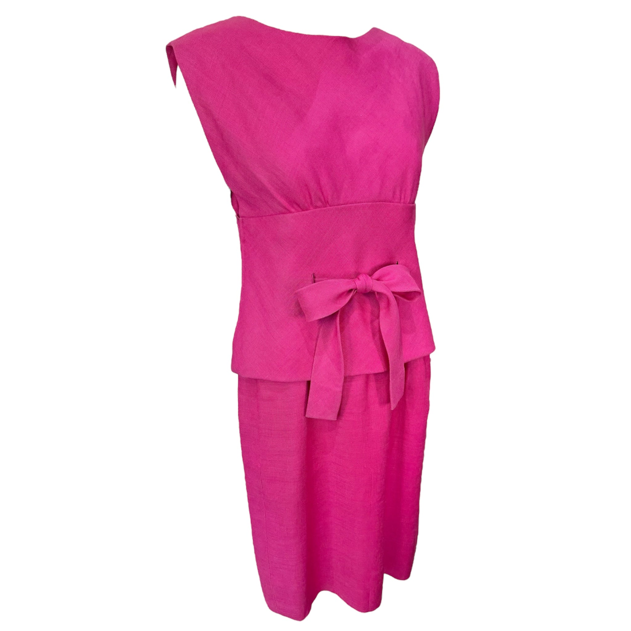 hot pink linen dress Norell 1960's Hot Pink Linen Dress with Bow Waist