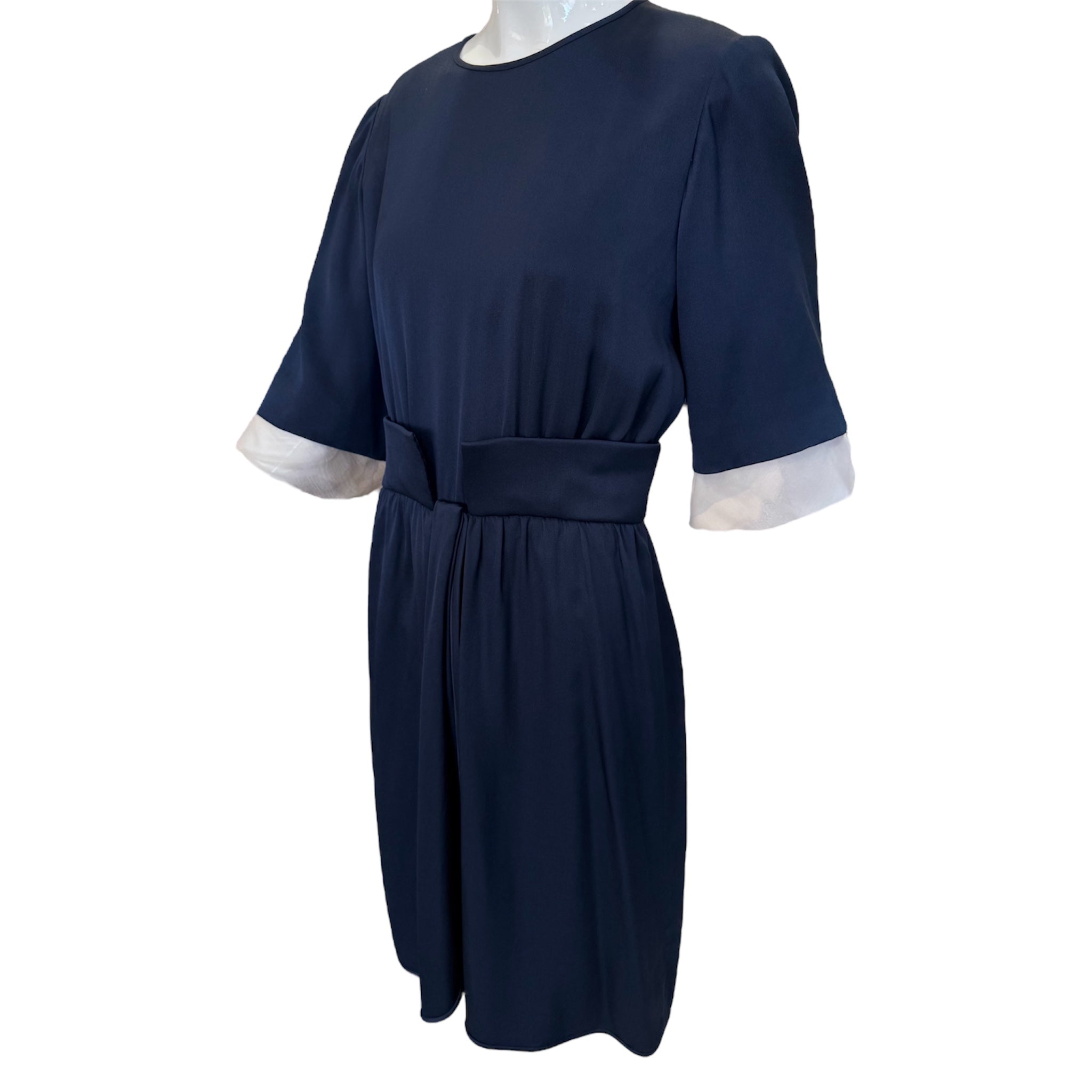 Valentino Couture 1980's Classic Navy Blue Silk Twill Dress, side