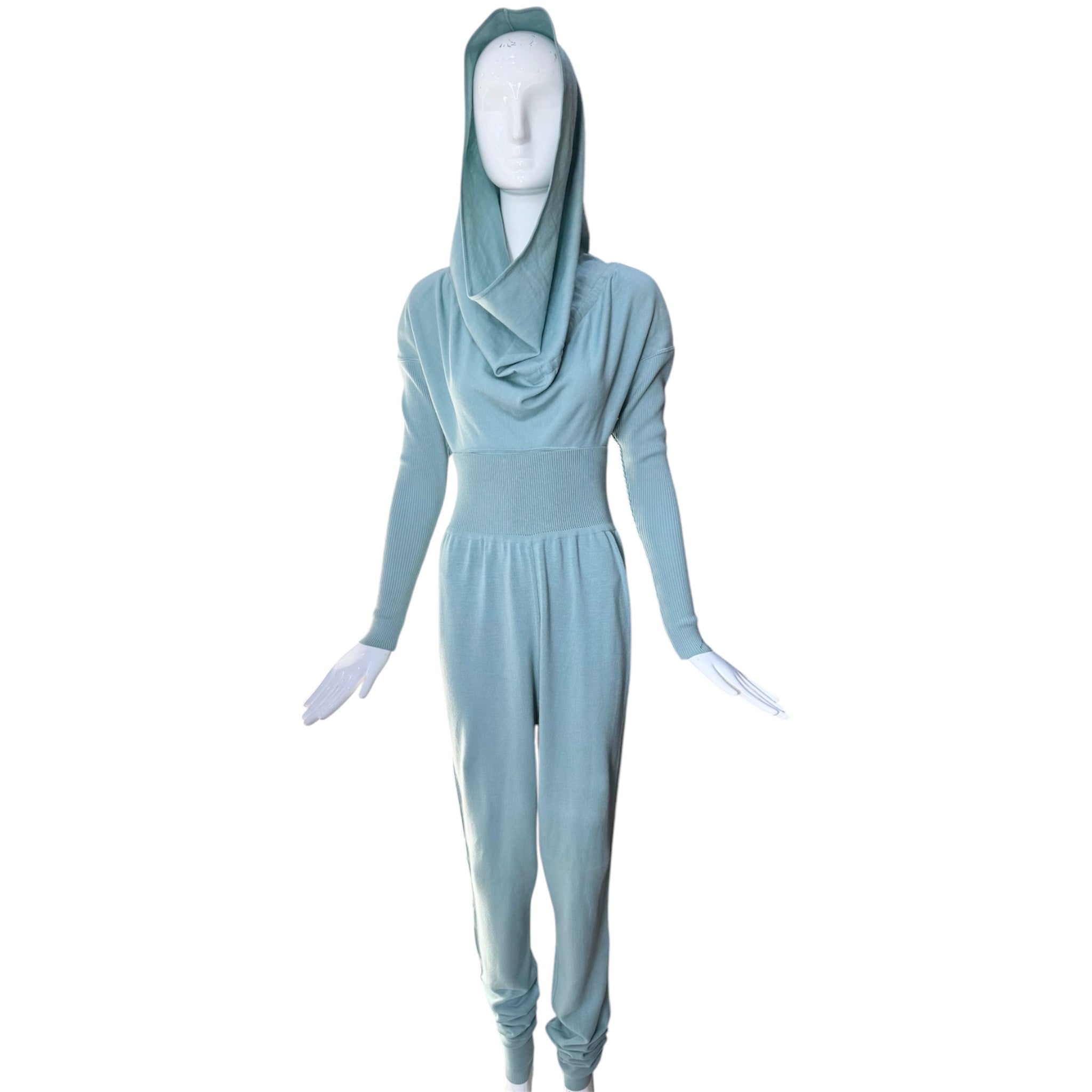 ALAIA 1985 Mint Green Knit 3 Piece Hooded Skirt, Pants, and Bodysuit Ensemble, pants set