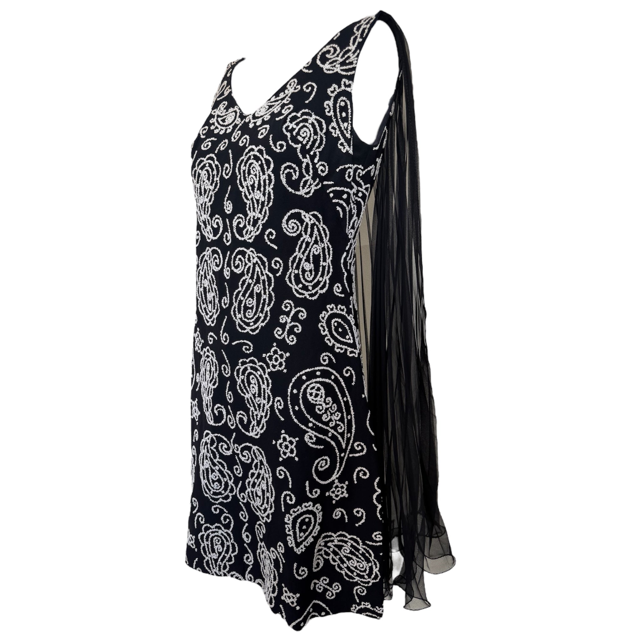 1960's Black Beaded Mini Dress with Pleated Capelet, side