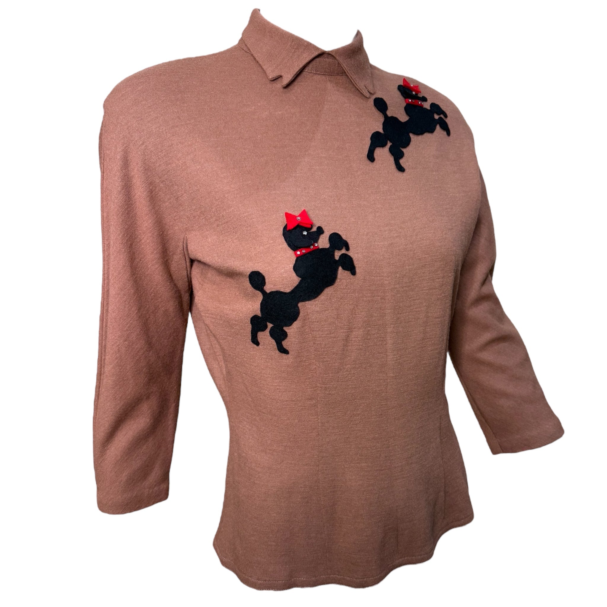 1950's RARE Poodle Appliqué Mocha Brown Collared Blouse, side