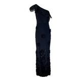 Black One Shoulder Gown with Diamond Beading and Flower Appliqué, back 2