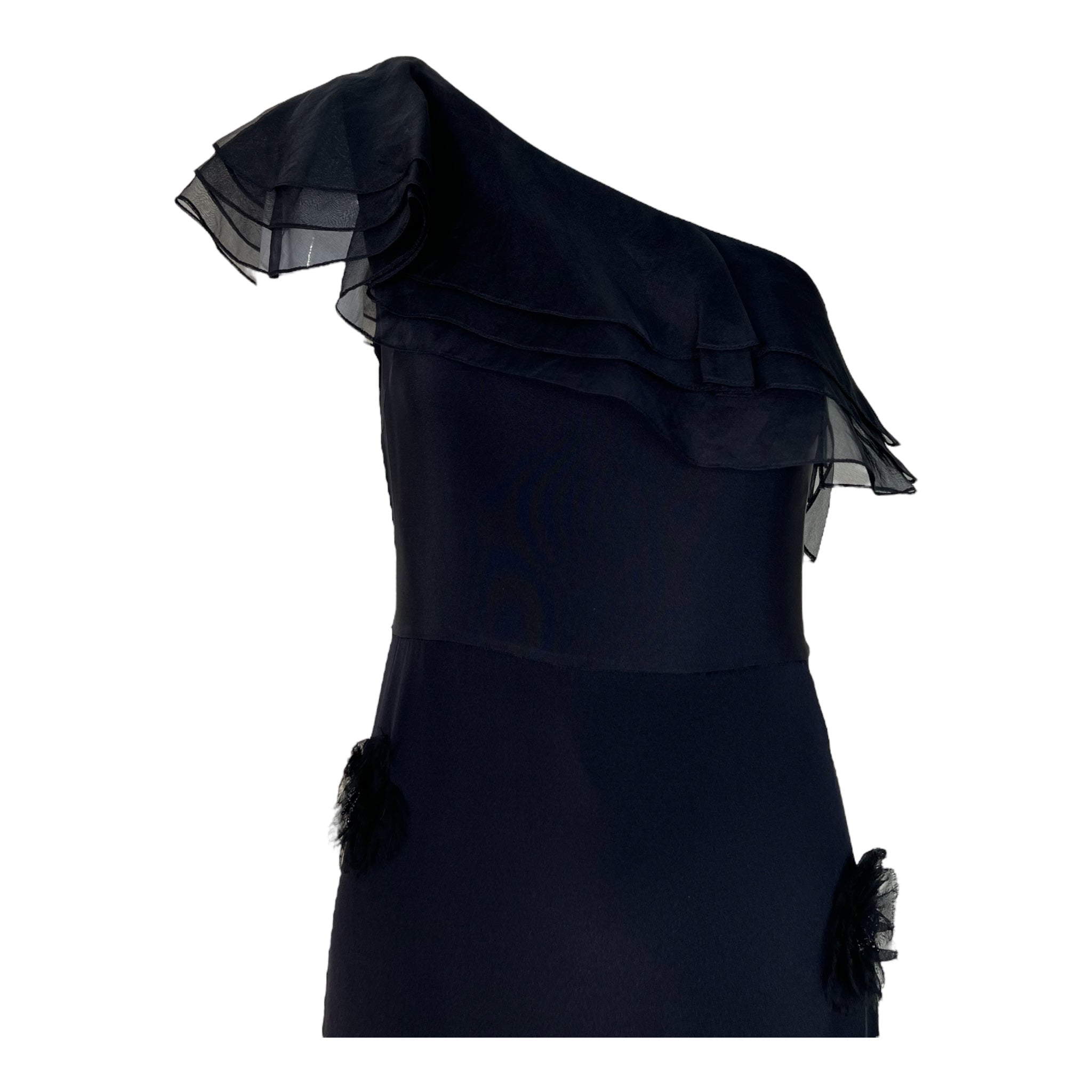 Black One Shoulder Gown with Diamond Beading and Flower Appliqué, top