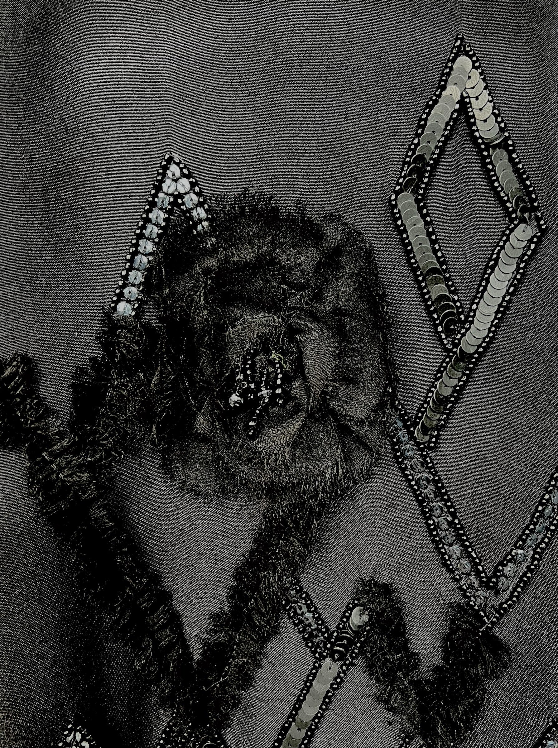 Black One Shoulder Gown with Diamond Beading and Flower Appliqué, detail 2