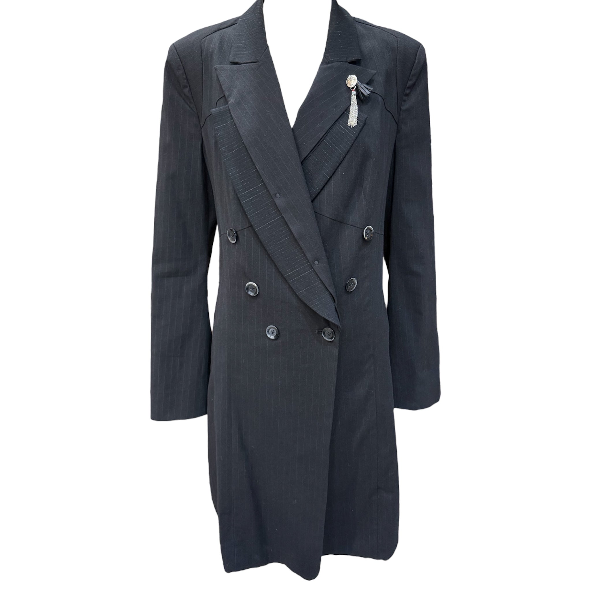 HIGH 2000s Black Pin Striped Tuxedo Trench Coat