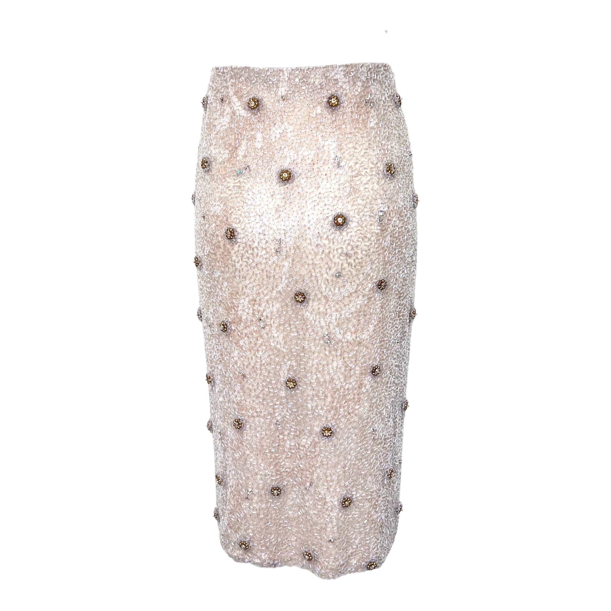 Galanos S/S 1984 Champagne Pleated Silk Jacquard Blouse and Beaded Skirt Ensemble,  SKIRT BACK