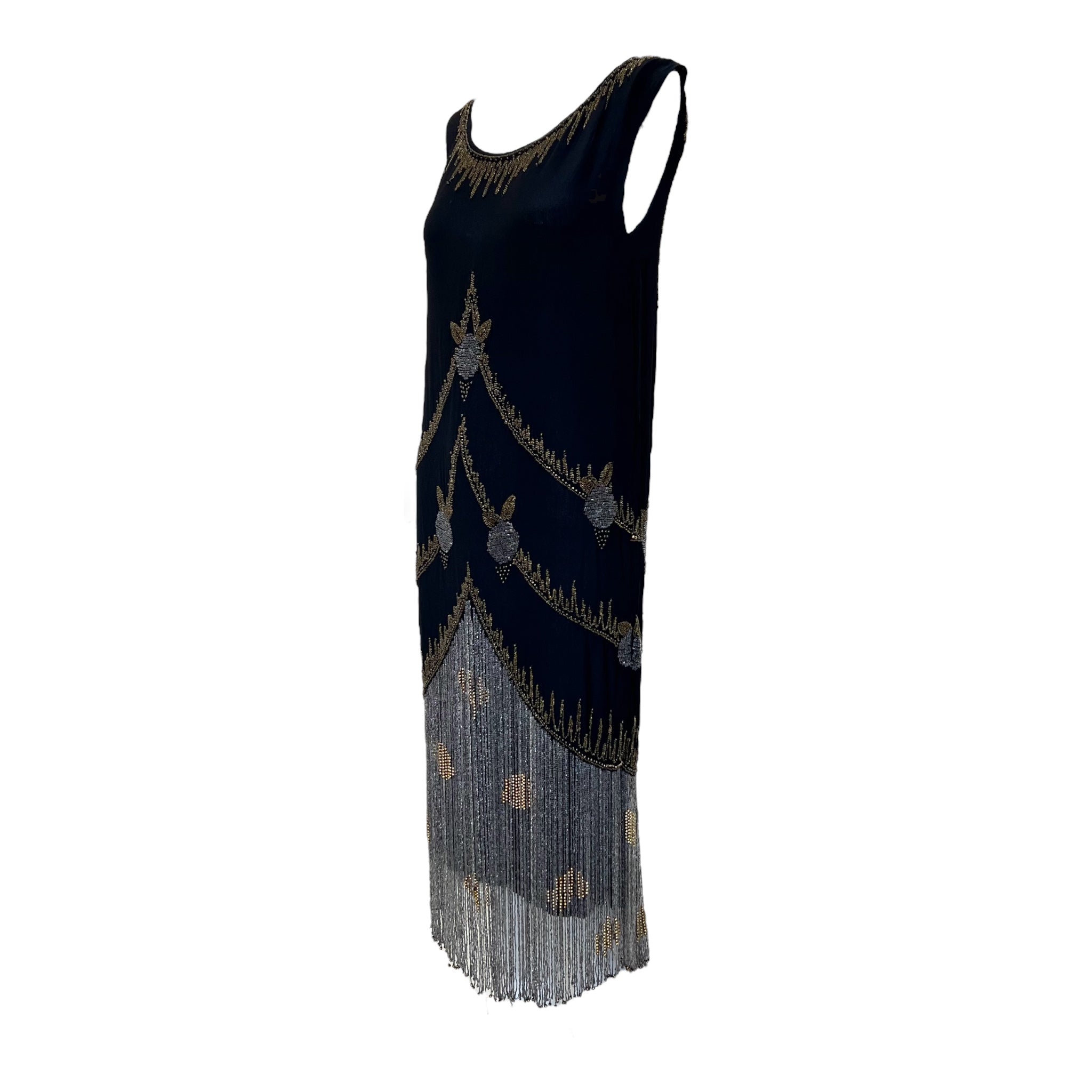 1920s BLACK Dress with Graphic Silver/Gold Beading & Fringe, side