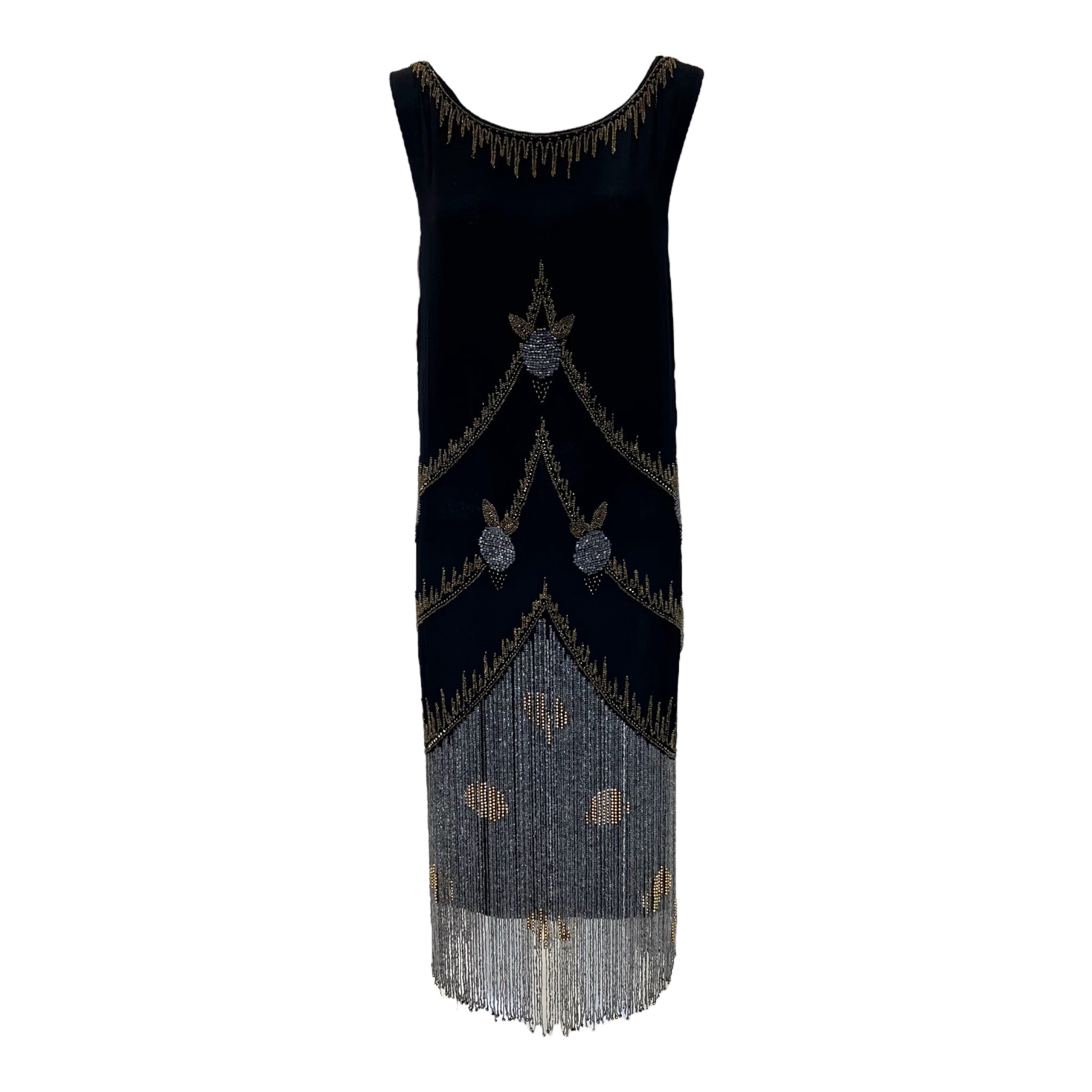 1920s BLACK Dress with Graphic Silver/Gold Beading & Fringe
