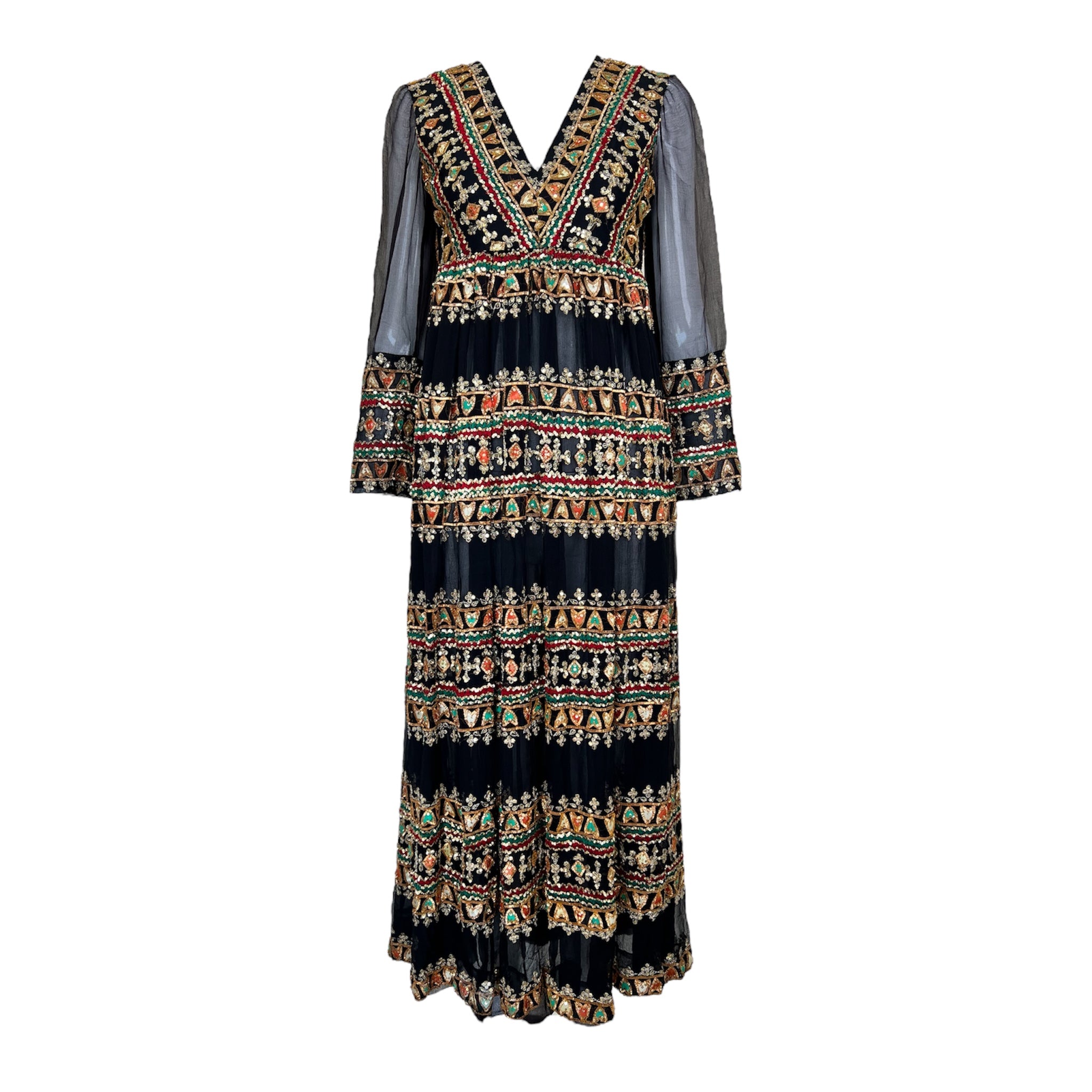 Classic Bohemian 1970's Indian Silk Black Embellished Dress