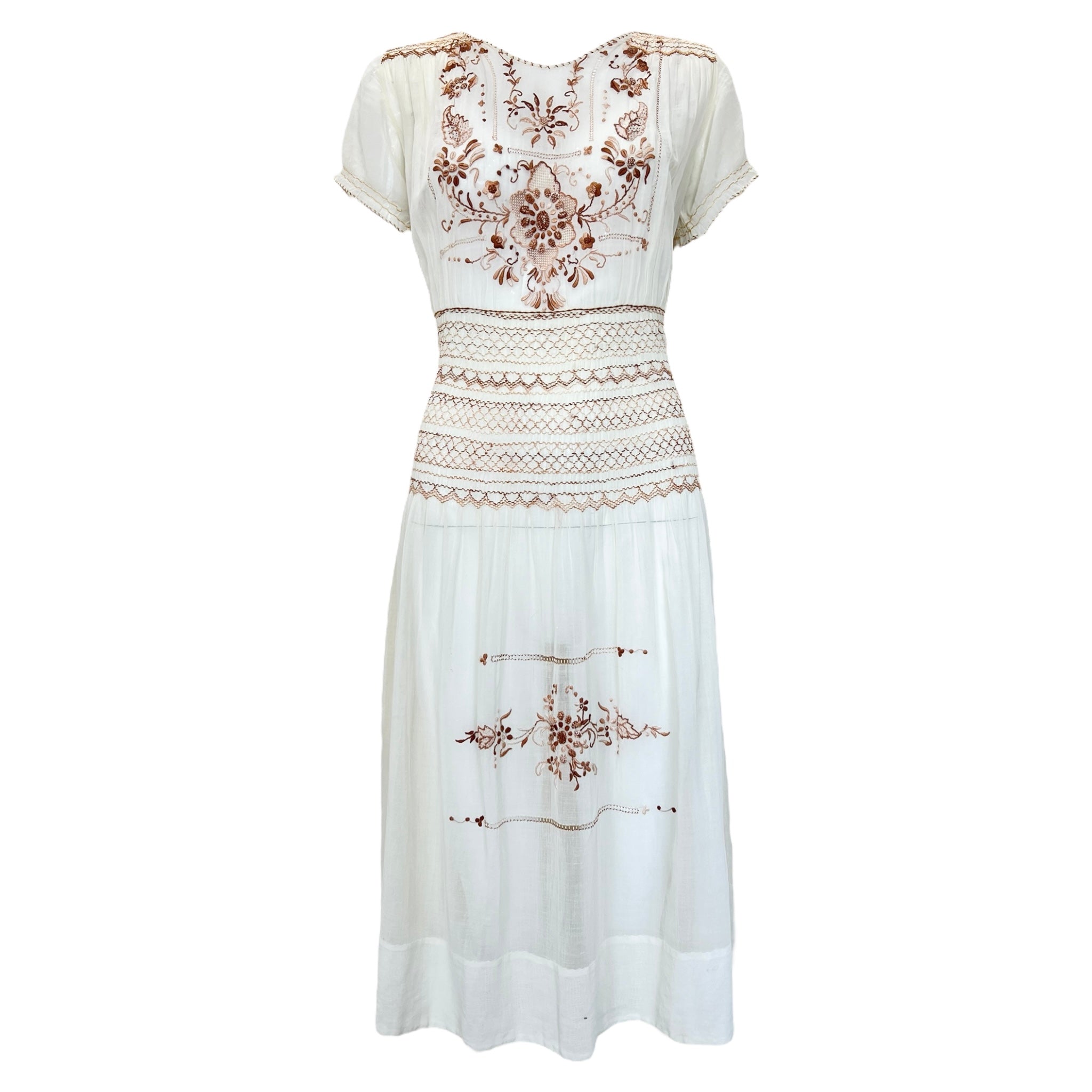 1920's Hungarian Hand Embroidered and Smocked Cotton Voile Dress