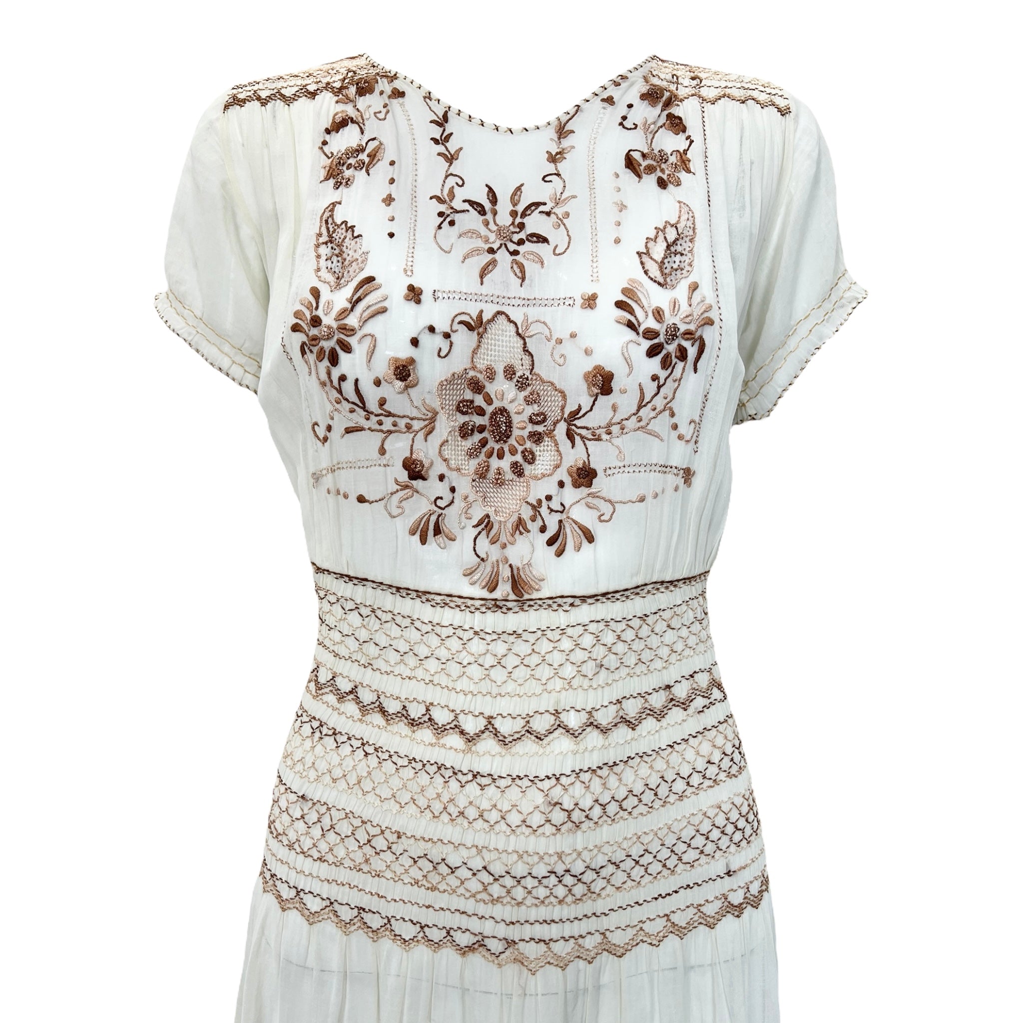 1920's Hungarian Hand Embroidered and Smocked Cotton Voile Dress, top