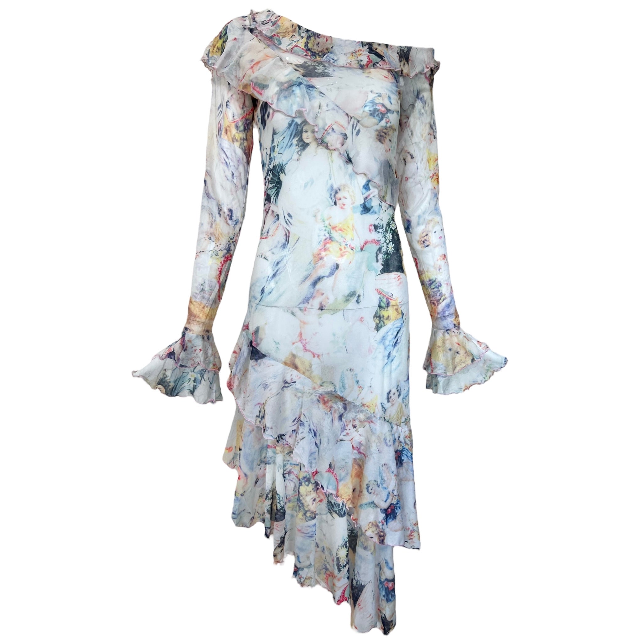 Jean Paul Gaultier Maille Y2K Pastel Cherub Print Ruffled Mesh Dress