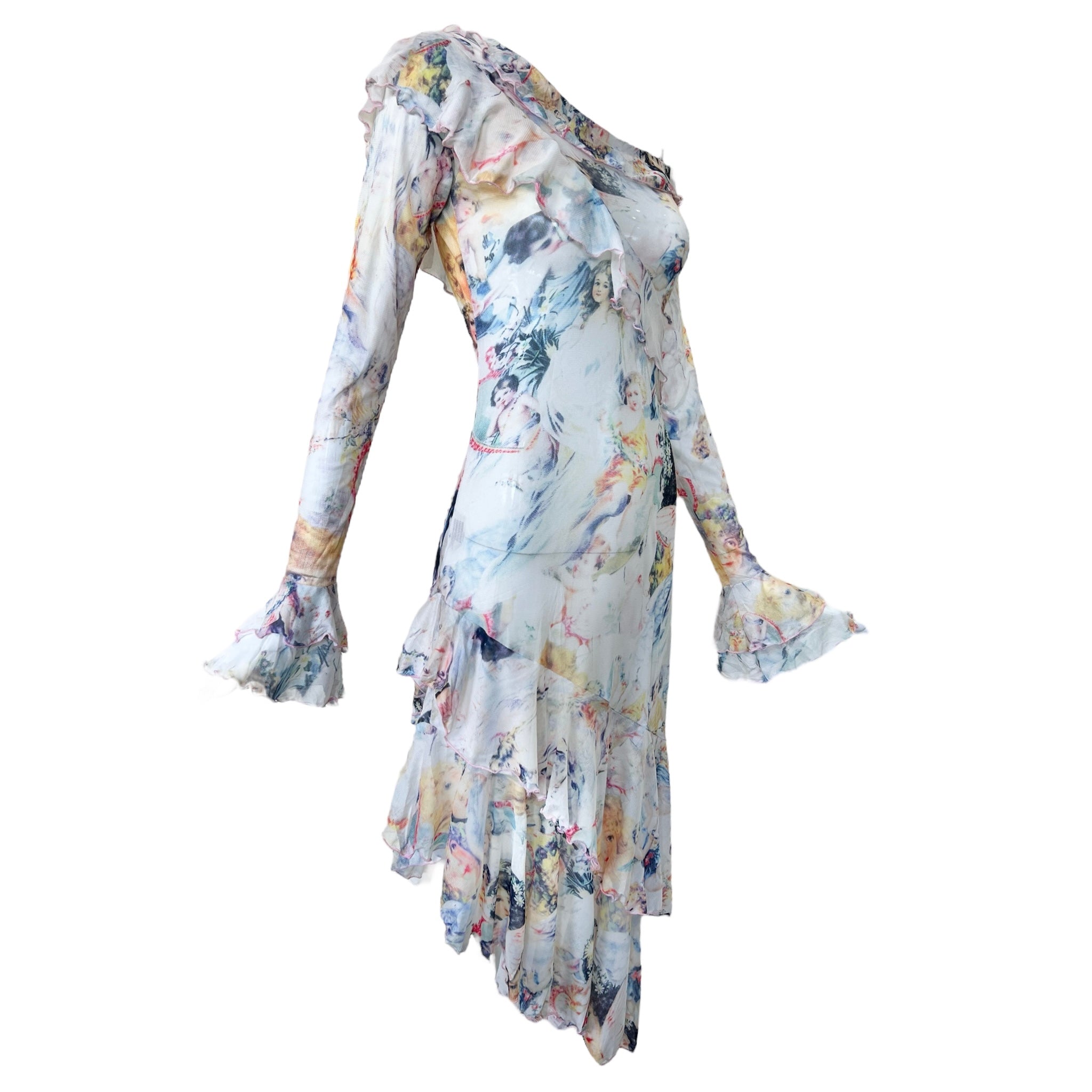 Jean Paul Gaultier Maille Y2K Pastel Cherub Print Ruffled Mesh Dress, side