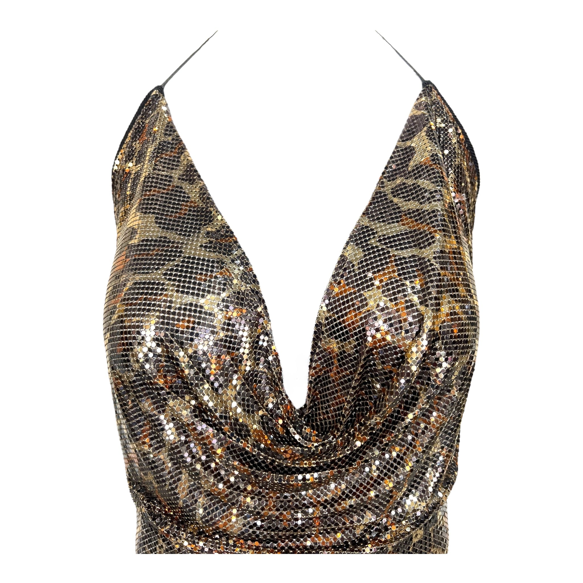 Ferrara Vintage Leopard Print Enamel Metal Mesh Handkerchief Halter, top