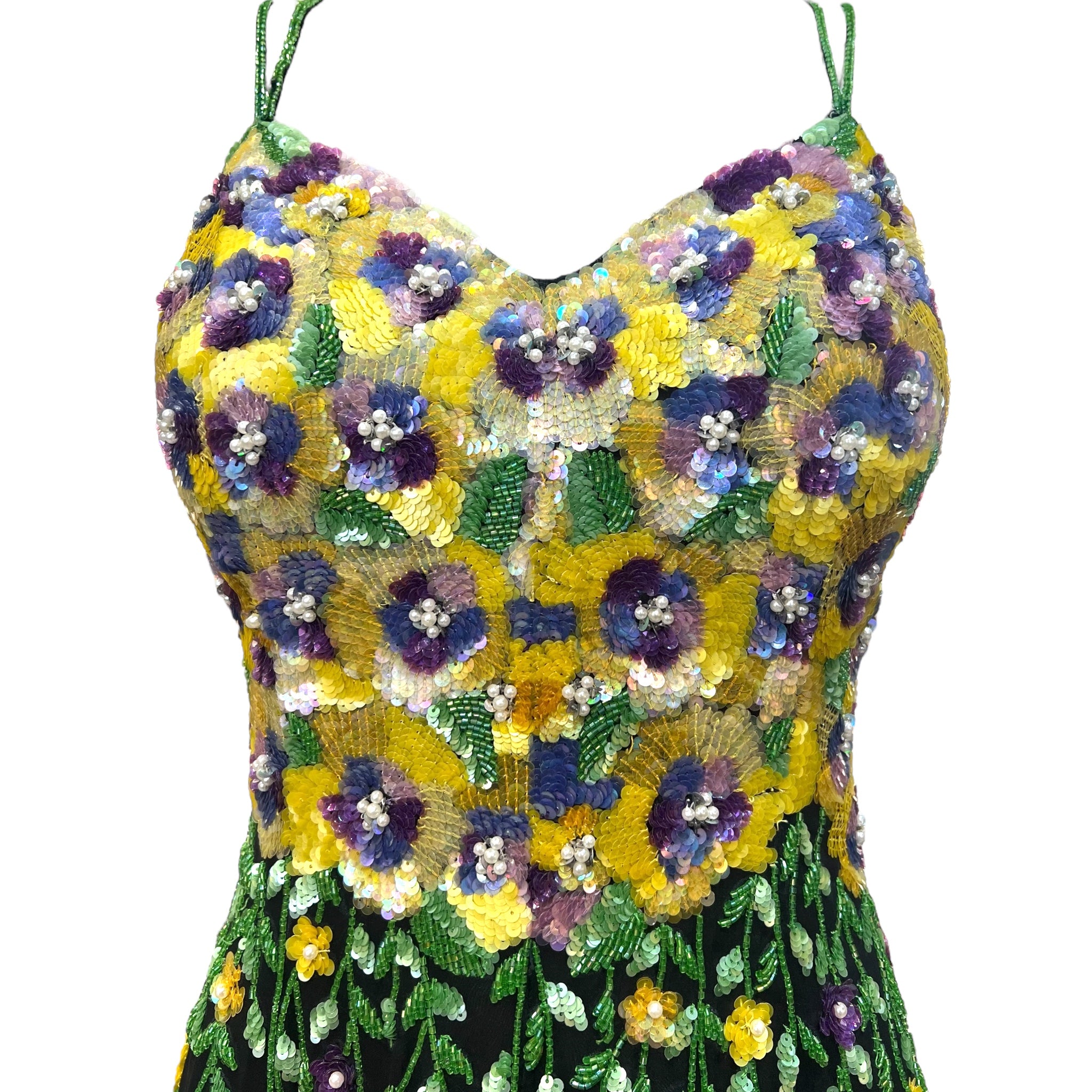 Naeem Khan for Riazee 1990's Vibrant Floral Beaded and Sequined Chiffon Dress, bodice