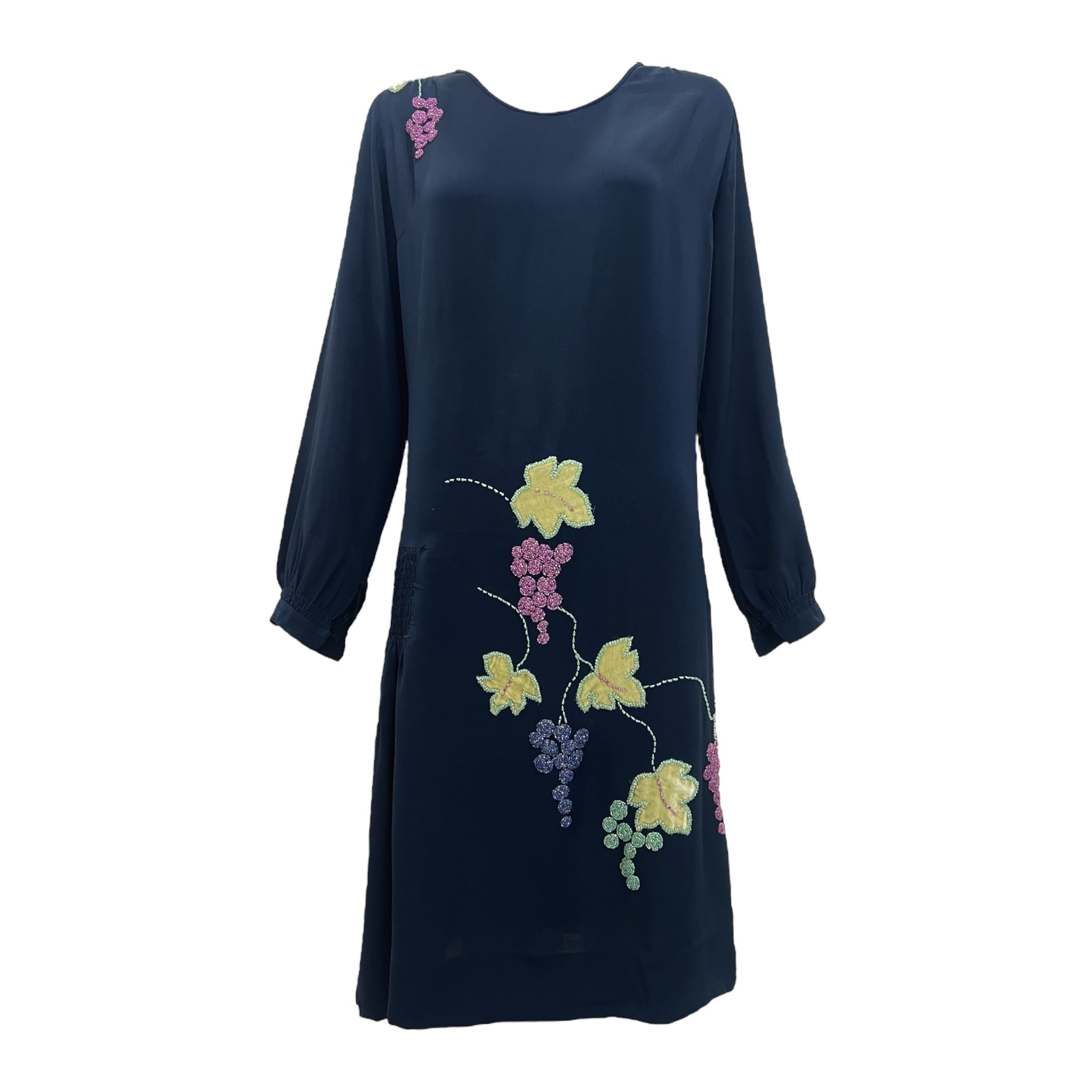 1920's Midnight Blue Silk Crepe Dress with Hand Embroidered Grape Vine