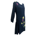 1920's Midnight Blue Silk Crepe Dress with Hand Embroidered Grape Vine, side 2
