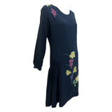 1920's Midnight Blue Silk Crepe Dress with Hand Embroidered Grape Vine, side 2
