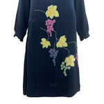 1920's Midnight Blue Silk Crepe Dress with Hand Embroidered Grape Vine, skirt