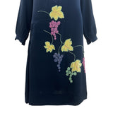 1920's Midnight Blue Silk Crepe Dress with Hand Embroidered Grape Vine, skirt