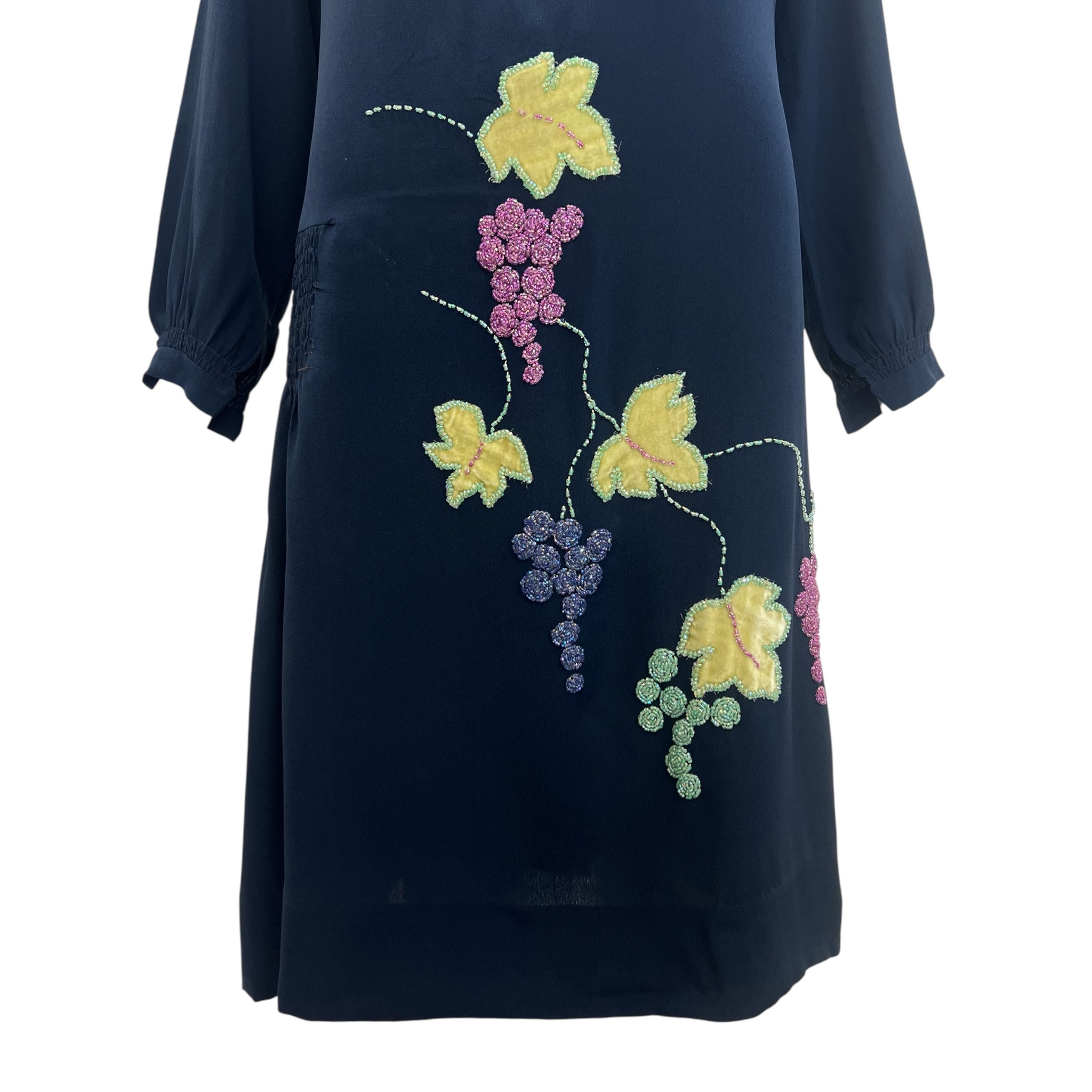 1920's Midnight Blue Silk Crepe Dress with Hand Embroidered Grape Vine, skirt
