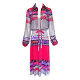 Frank Usher 1970's Floral and Striped Printed Two Piece Dress Ensemble