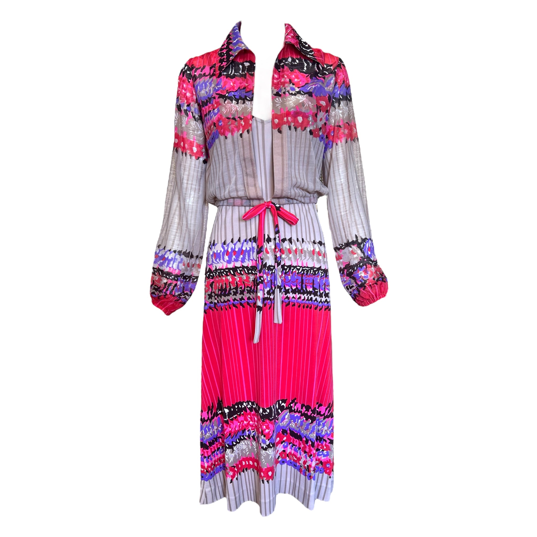 Frank Usher 1970's Floral and Striped Printed Two Piece Dress Ensemble