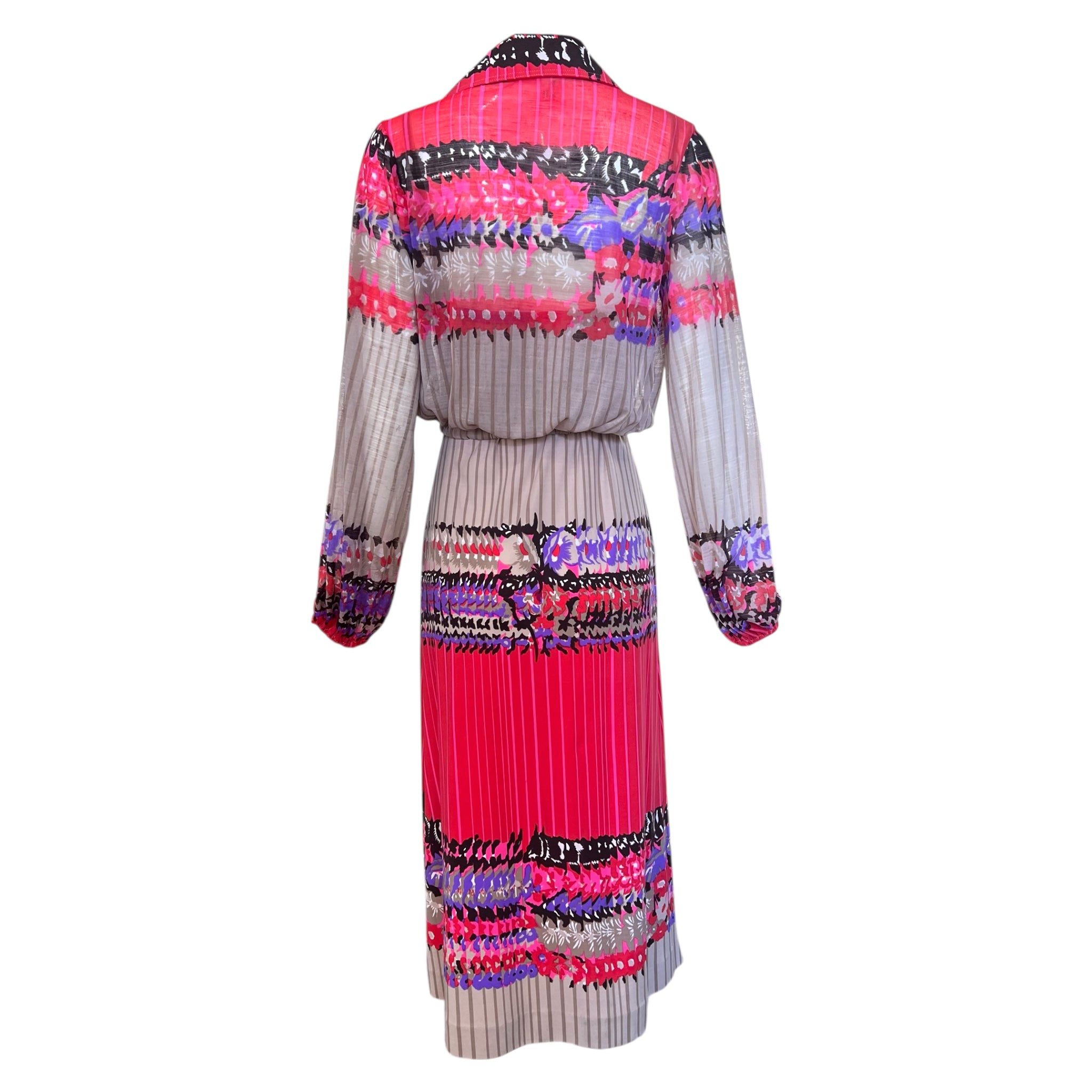 Frank Usher 1970's Floral and Striped Printed Two Piece Dress Ensemble, back