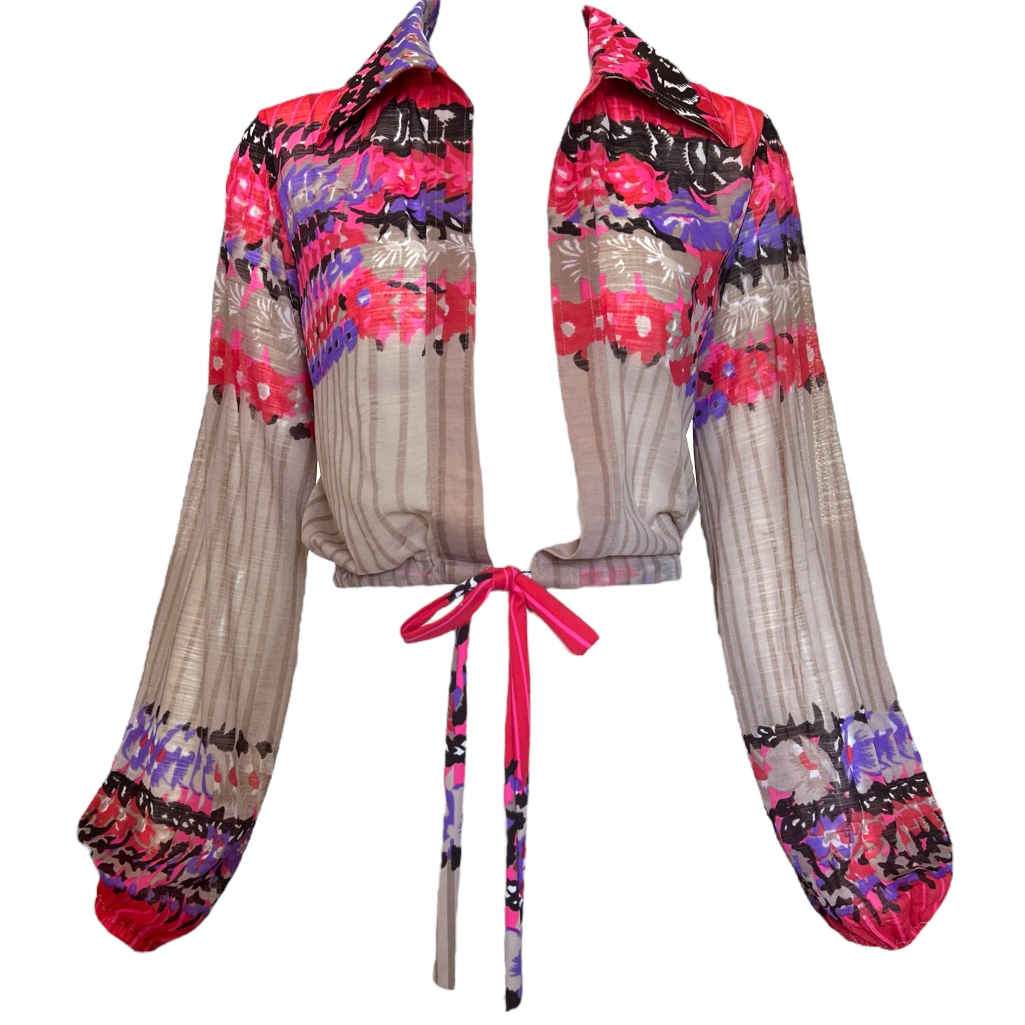 Frank Usher 1970's Floral and Striped Printed Two Piece Dress Ensemble, jacket