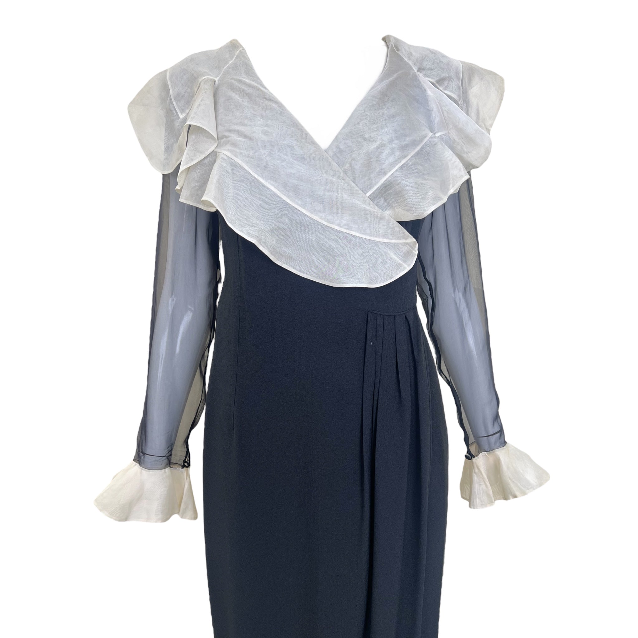 Valentino Boutique S/S 1991 Black Wrap Gown with Ivory Ruffle Collar, top