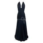 Loris Azzaro 1970's Black Drop Waist Jersey Halter Gown with Rhinestone Bow Decoration