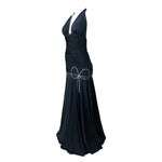 Loris Azzaro 1970's Black Drop Waist Jersey Halter Gown with Rhinestone Bow Decoration, side