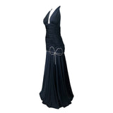 Loris Azzaro 1970's Black Drop Waist Jersey Halter Gown with Rhinestone Bow Decoration, side