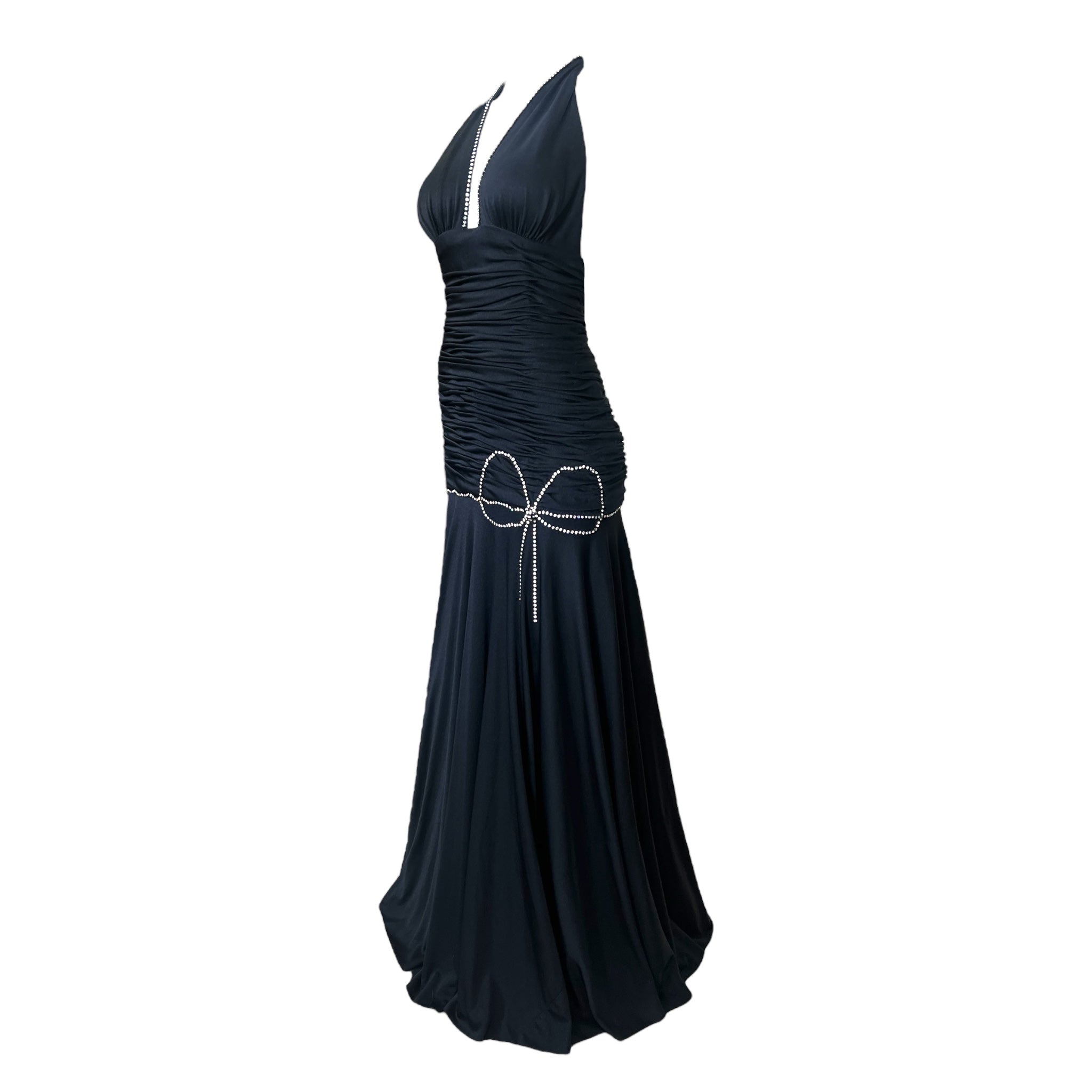 Loris Azzaro 1970's Black Drop Waist Jersey Halter Gown with Rhinestone Bow Decoration, side